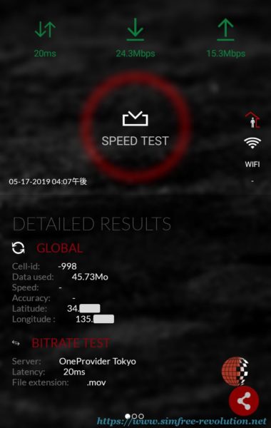 SPEED TESTの結果。画面上に速度が表示されている。